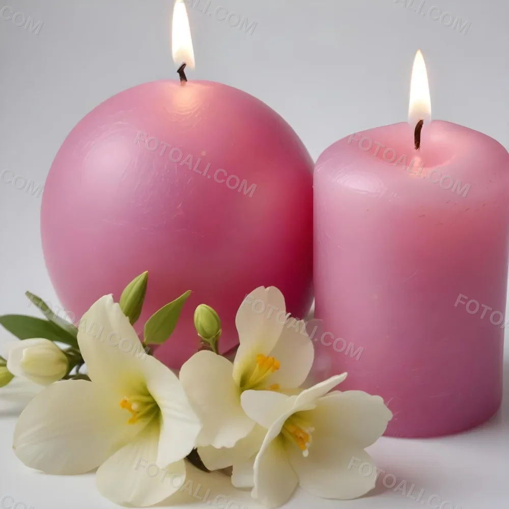 Two White Candles With White Flowers In A White Background One Candle Is Spherical And The Other Is Cylindrical 17 1d9b