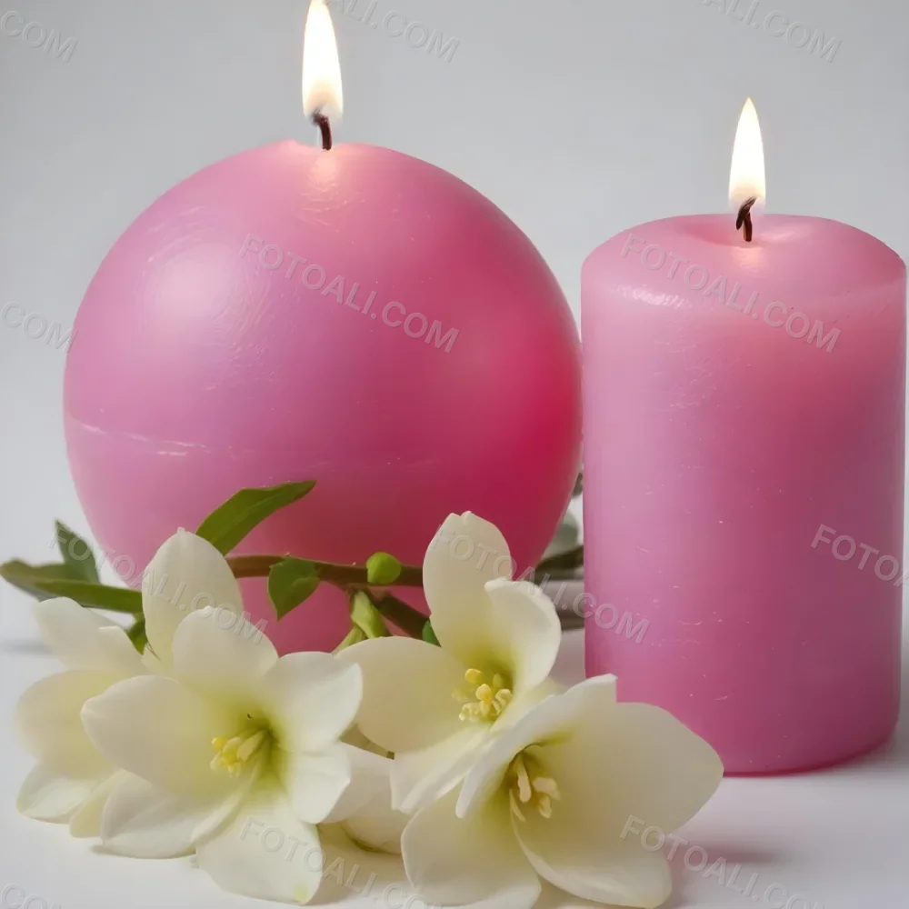 Two White Candles With White Flowers In A White Background One Candle Is Spherical And The Other Is Cylindrical 2 6169