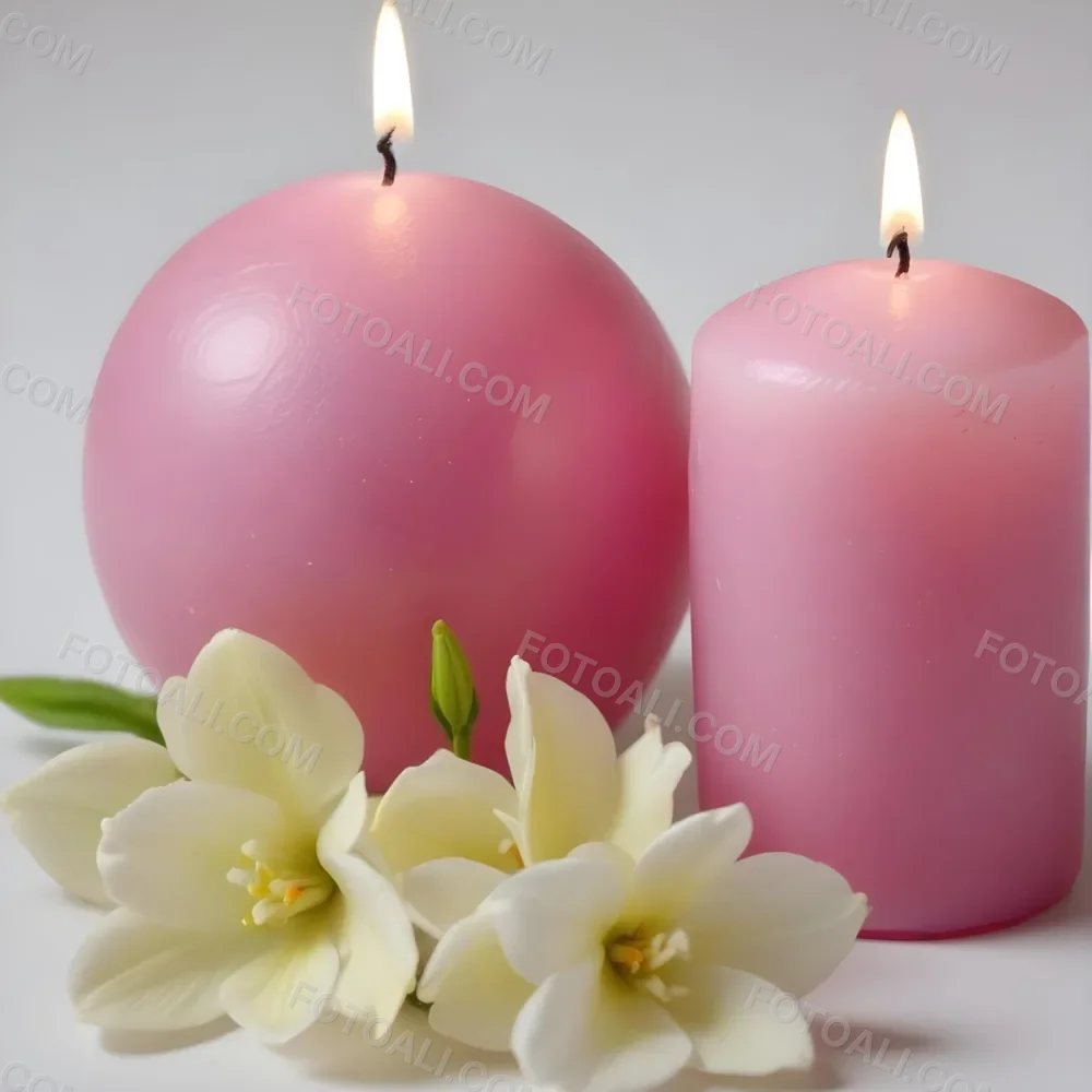 Two White Candles With White Flowers In A White Background One Candle Is Spherical And The Other Is Cylindrical 25 8381