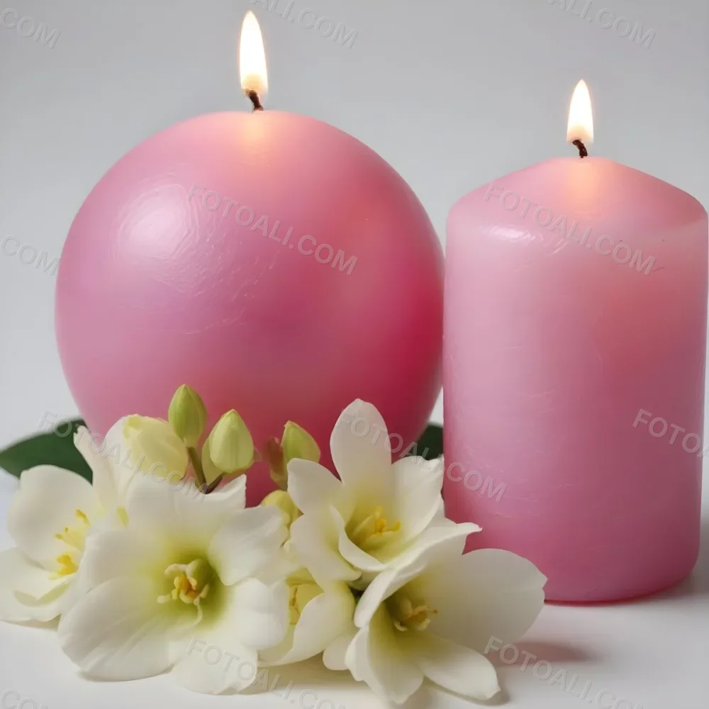 Two White Candles With White Flowers In A White Background One Candle Is Spherical And The Other Is Cylindrical 29 8912