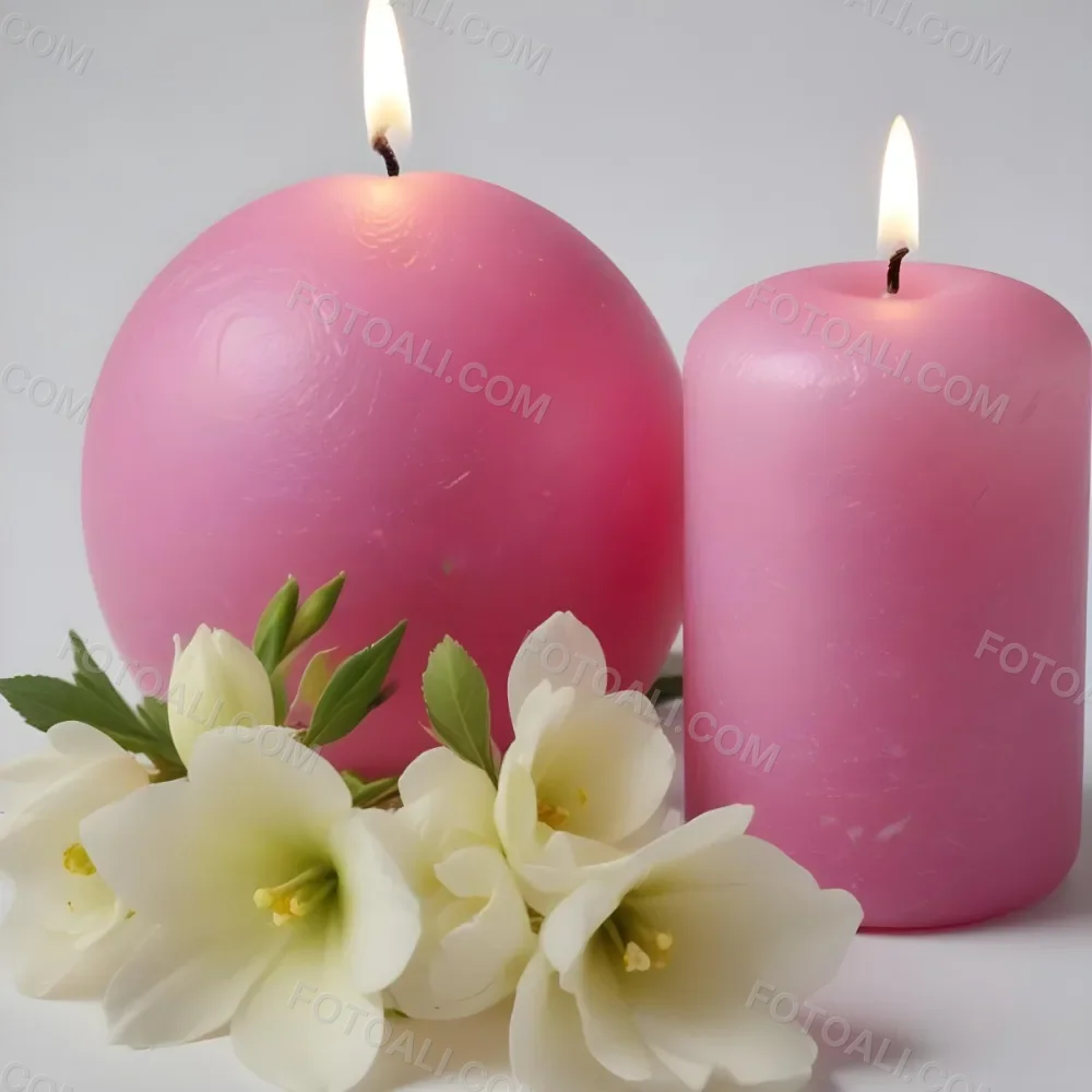 Two White Candles With White Flowers In A White Background One Candle Is Spherical And The Other Is Cylindrical 41 424a