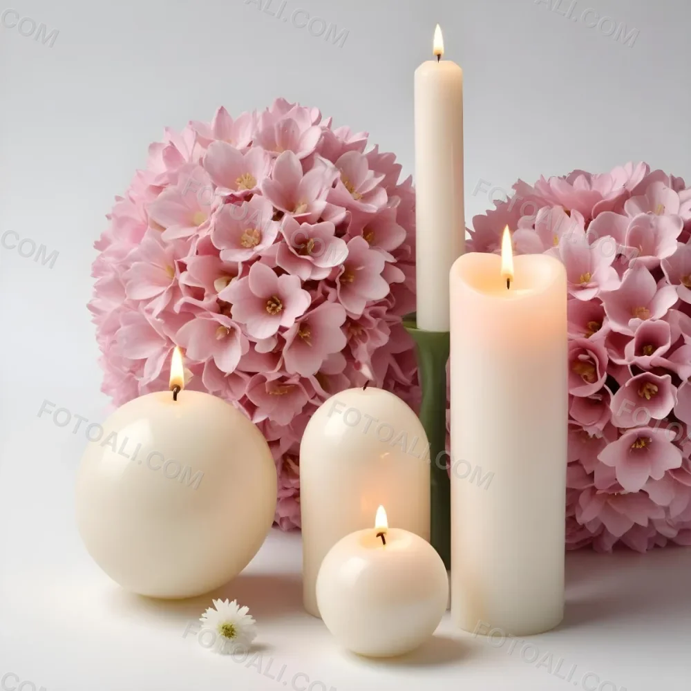Two White Candles With White Flowers In A White Background One Candle Is Spherical And The Other Is Cylindrical 5 8232