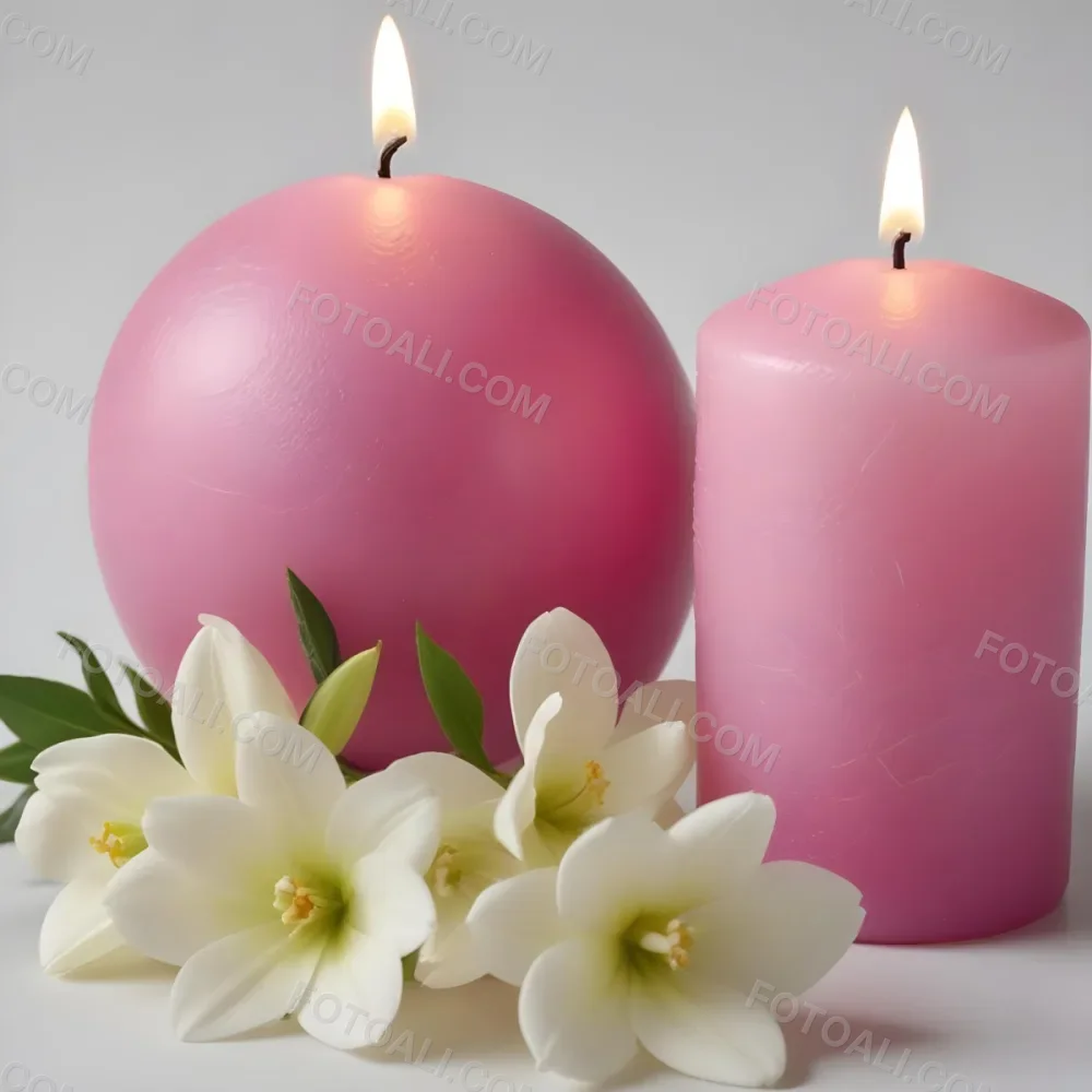 Two White Candles With White Flowers In A White Background One Candle Is Spherical And The Other Is Cylindrical 6 C29f