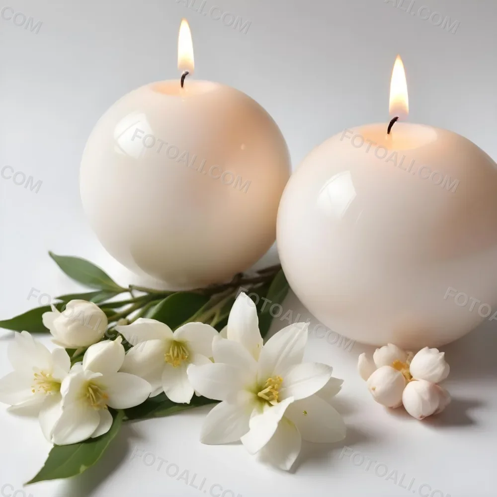 Two White Candles With White Flowers In A White Background One Candle Is Spherical And The Other Is Cylindrical 7 8b37