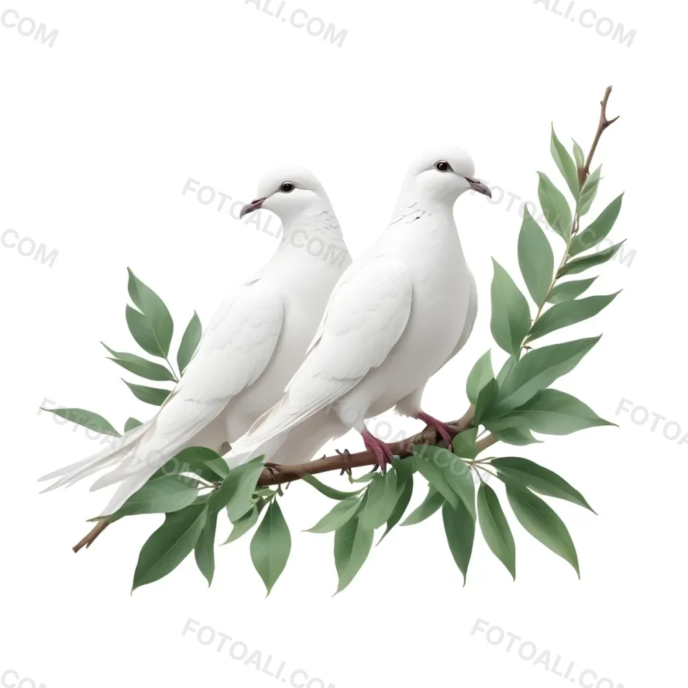 Two White Doves Perched On A Branch With Green Leaves One Dove With Wings Spread Symbol Of Peace Isolated On White Background 35 8d7b