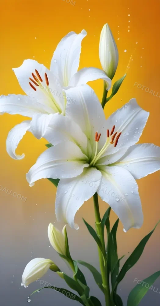 Two White Lilies With Water Drops On The Petals White Pistils And A Blurred White Background 3 F5c9