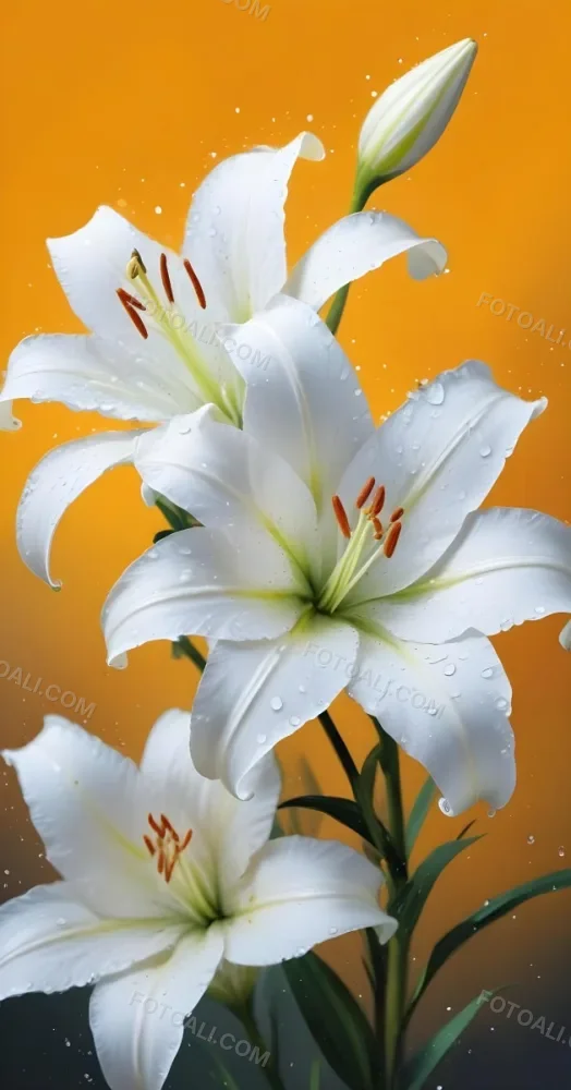 Two White Lilies With Water Drops On The Petals White Pistils And A Blurred White Background 31 F1ac