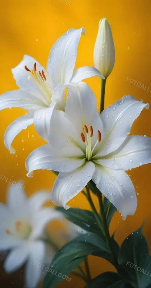 Two White Lilies With Water Drops On The Petals White Pistils And A Blurred White Background 4 De9f