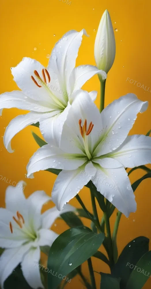 Two White Lilies With Water Drops On The Petals White Pistils And A Blurred White Background 6 Ef22