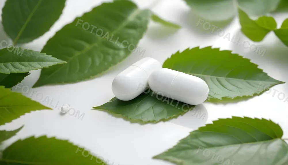 Two White Pills On A White Leaf Surrounded By More Green Leaves On A White Surface In A Natural Environment 1 F424