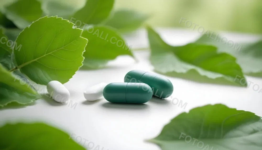 Two White Pills On A White Leaf Surrounded By More Green Leaves On A White Surface In A Natural Environment 10 6bb0