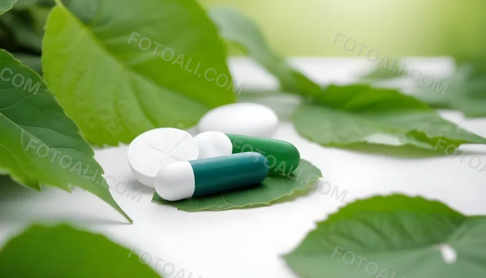 Two White Pills On A White Leaf Surrounded By More Green Leaves On A White Surface In A Natural Environment 12 1198