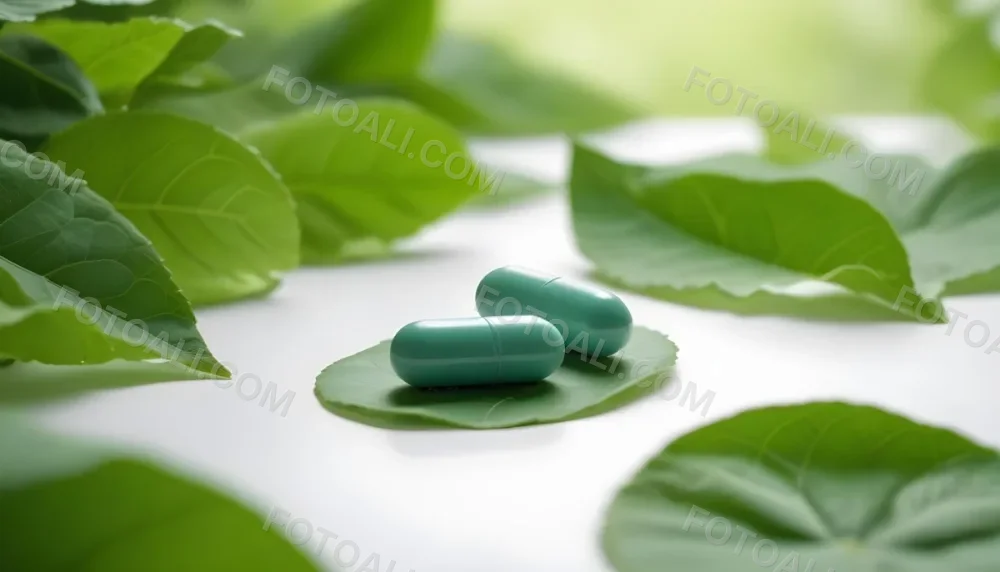 Two White Pills On A White Leaf Surrounded By More Green Leaves On A White Surface In A Natural Environment 16 1087