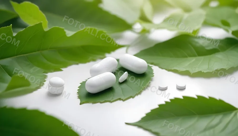 Two White Pills On A White Leaf Surrounded By More Green Leaves On A White Surface In A Natural Environment 17 Cd7d