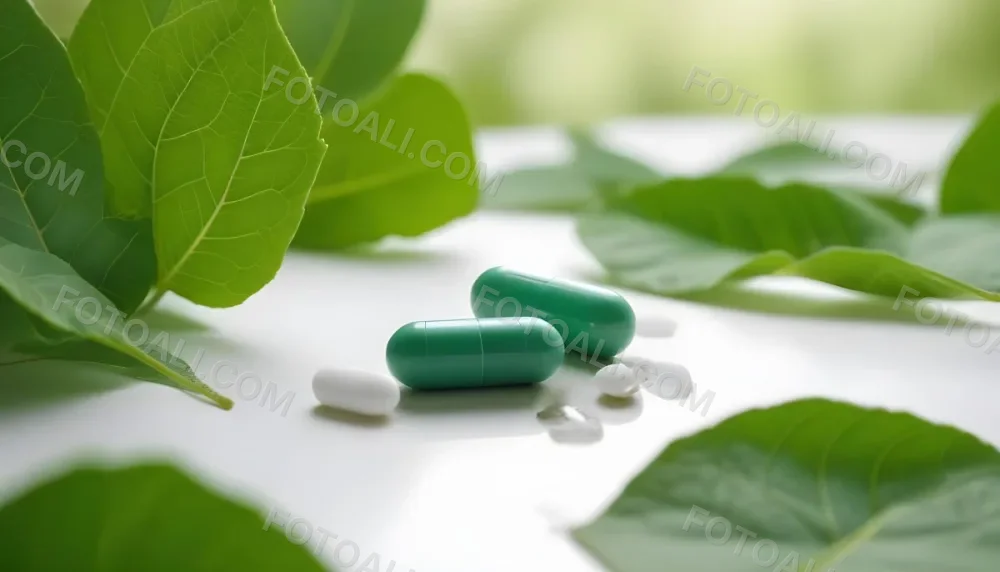 Two White Pills On A White Leaf Surrounded By More Green Leaves On A White Surface In A Natural Environment 19 1a75