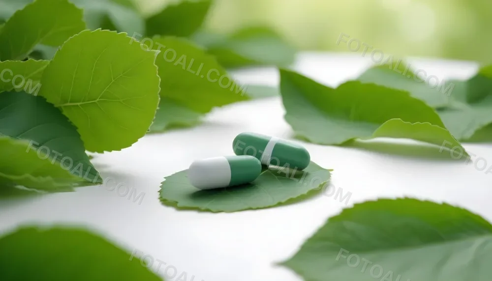 Two White Pills On A White Leaf Surrounded By More Green Leaves On A White Surface In A Natural Environment 2 4794
