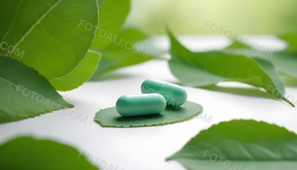 Two White Pills On A White Leaf Surrounded By More Green Leaves On A White Surface In A Natural Environment 21 2945