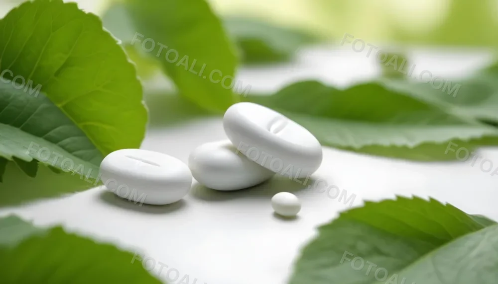 Two White Pills On A White Leaf Surrounded By More Green Leaves On A White Surface In A Natural Environment 23 C89f