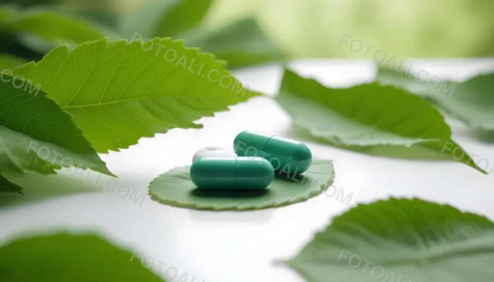 Two White Pills On A White Leaf Surrounded By More Green Leaves On A White Surface In A Natural Environment 25 8de1