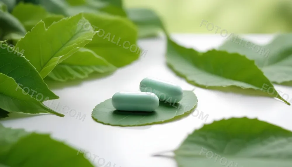 Two White Pills On A White Leaf Surrounded By More Green Leaves On A White Surface In A Natural Environment 26 049d