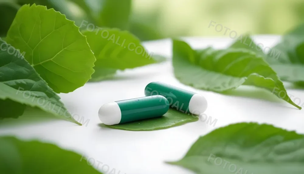 Two White Pills On A White Leaf Surrounded By More Green Leaves On A White Surface In A Natural Environment 27 7908