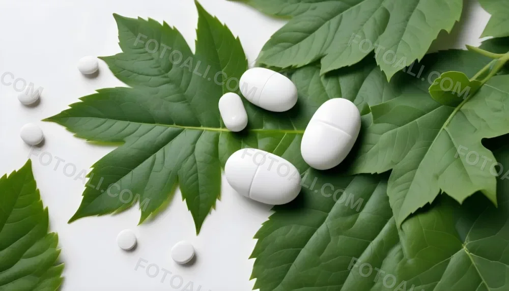 Two White Pills On A White Leaf Surrounded By More Green Leaves On A White Surface In A Natural Environment 29 Bfb9