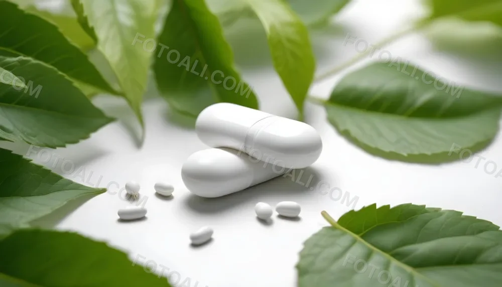 Two White Pills On A White Leaf Surrounded By More Green Leaves On A White Surface In A Natural Environment 3 D10c