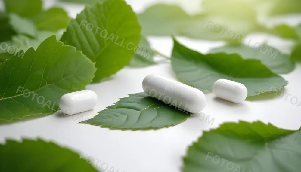 Two White Pills On A White Leaf Surrounded By More Green Leaves On A White Surface In A Natural Environment 30 Deb1