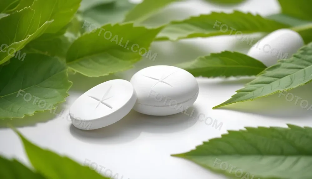 Two White Pills On A White Leaf Surrounded By More Green Leaves On A White Surface In A Natural Environment 5 6be9