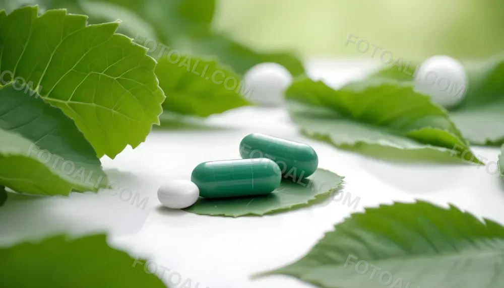 Two White Pills On A White Leaf Surrounded By More Green Leaves On A White Surface In A Natural Environment 8 A0d3
