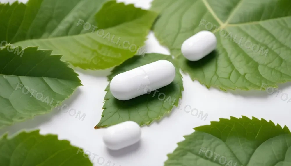 Two White Pills On A White Leaf Surrounded By More Green Leaves On A White Surface In A Natural Environment 9 6345