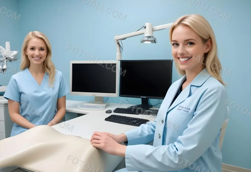 Two Women In A Dental Office Setting One Woman Has Blonde Hair And Is Wearing A Light Blue Medical Coat Smiling At The Camera The Other Woman Also With Blonde Hair Is Seated Across From Her Wearing A Light Blue Shi 4e96