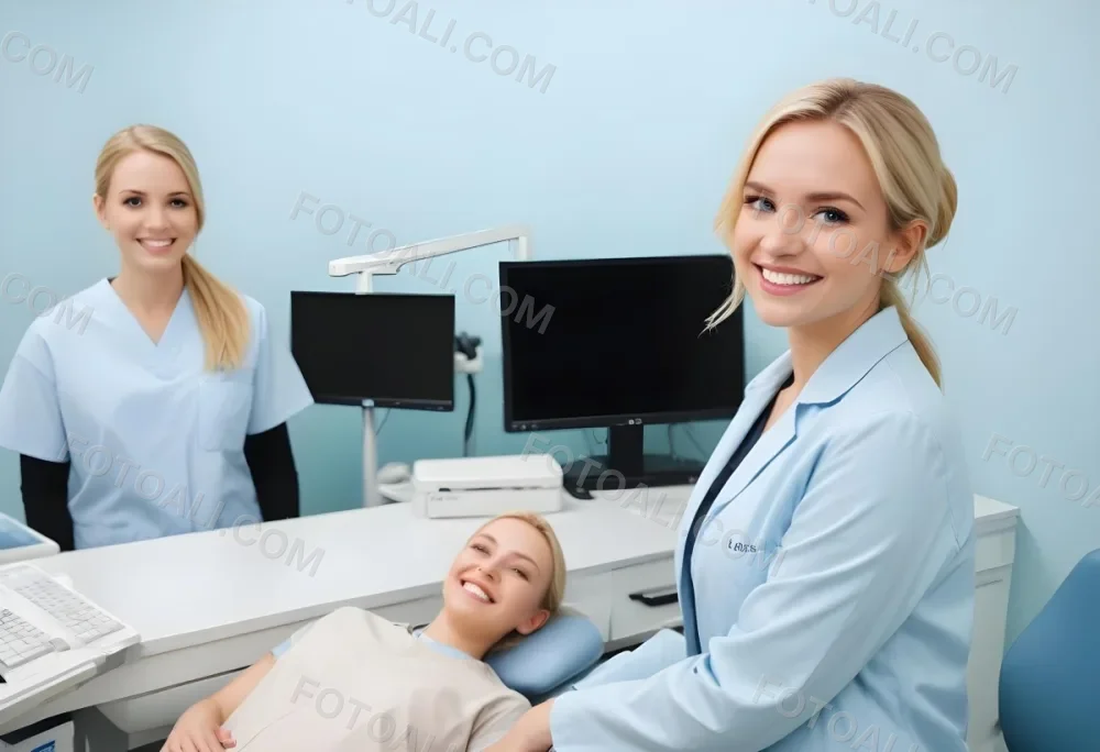 Two Women In A Dental Office Setting One Woman Has Blonde Hair And Is Wearing A Light Blue Medical Coat Smiling At The Camera The Other Woman Also With Blonde Hair Is Seated Across From Her Wearing A Light Blue Shirt 1 8f6d