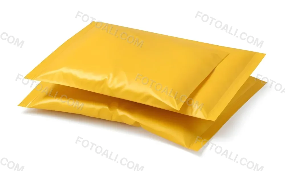 Two Yellow Bubble Mailers Stacked On Top Of Each Other The Top One Slightly Overlapping The Bottom One On A White Background 5 0f7e