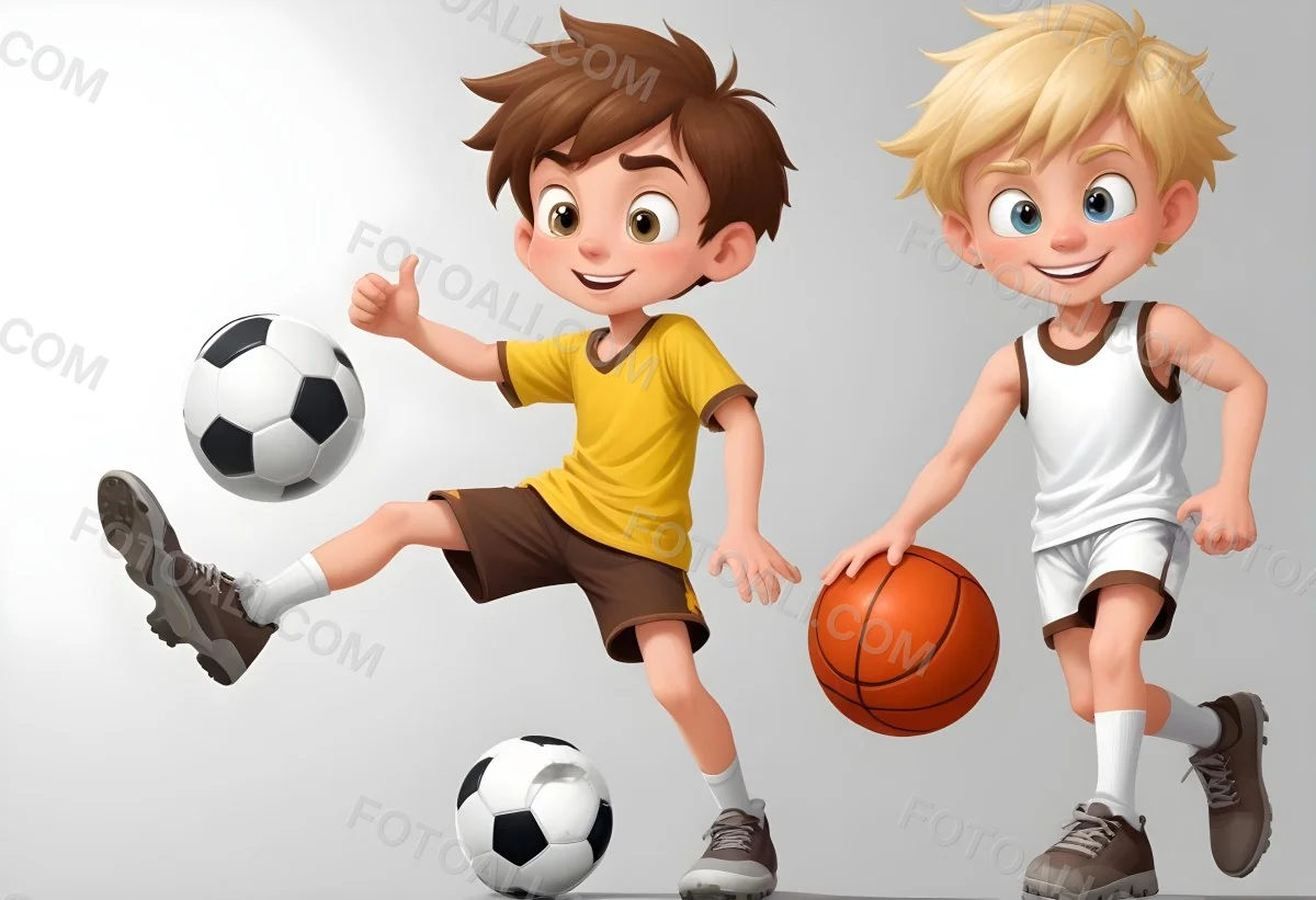 Two Young Cartoon Boys With One Having Brown Hair And The Other With Blonde Hair Playing With A Soccer Ball And Basketball In A Plain White Background 10 1d7c
