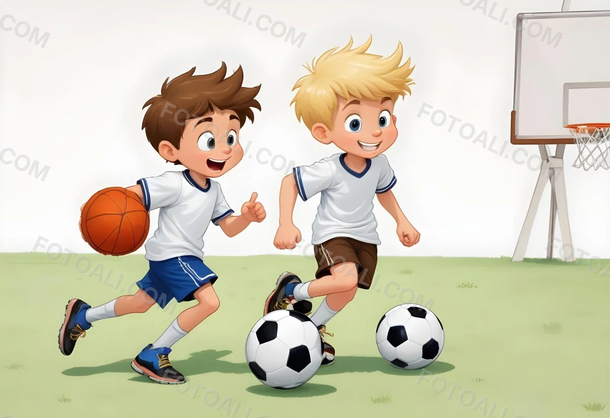Two Young Cartoon Boys With One Having Brown Hair And The Other With Blonde Hair Playing With A Soccer Ball And Basketball In A Plain White Background 12 9a9d