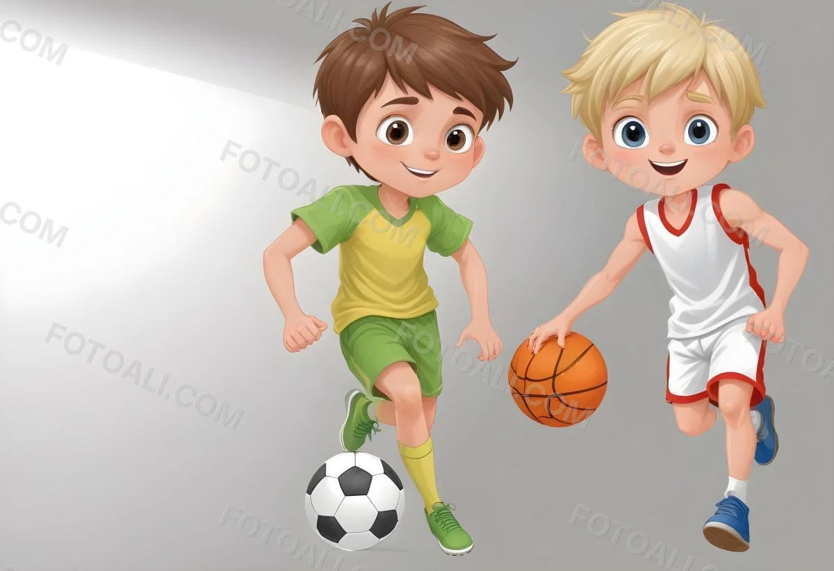 Two Young Cartoon Boys With One Having Brown Hair And The Other With Blonde Hair Playing With A Soccer Ball And Basketball In A Plain White Background 14 B503