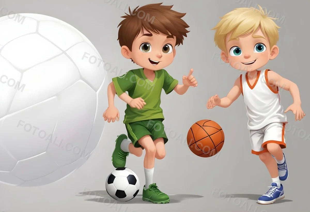 Two Young Cartoon Boys With One Having Brown Hair And The Other With Blonde Hair Playing With A Soccer Ball And Basketball In A Plain White Background 18 6632