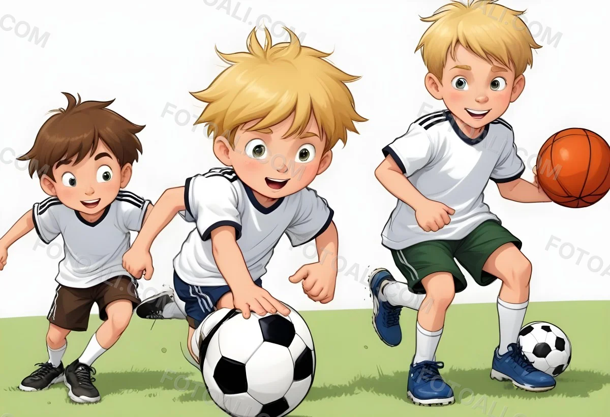 Two Young Cartoon Boys With One Having Brown Hair And The Other With Blonde Hair Playing With A Soccer Ball And Basketball In A Plain White Background 26 2673