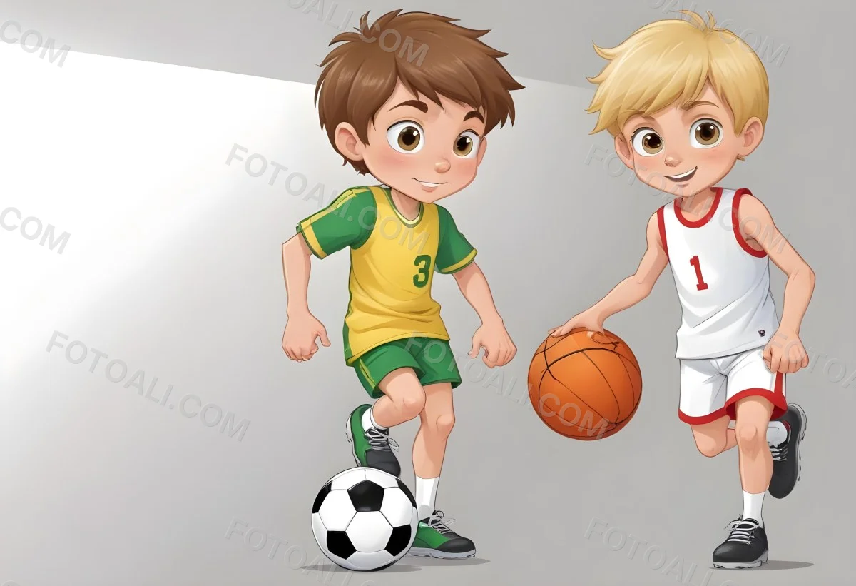 Two Young Cartoon Boys With One Having Brown Hair And The Other With Blonde Hair Playing With A Soccer Ball And Basketball In A Plain White Background 27 8134