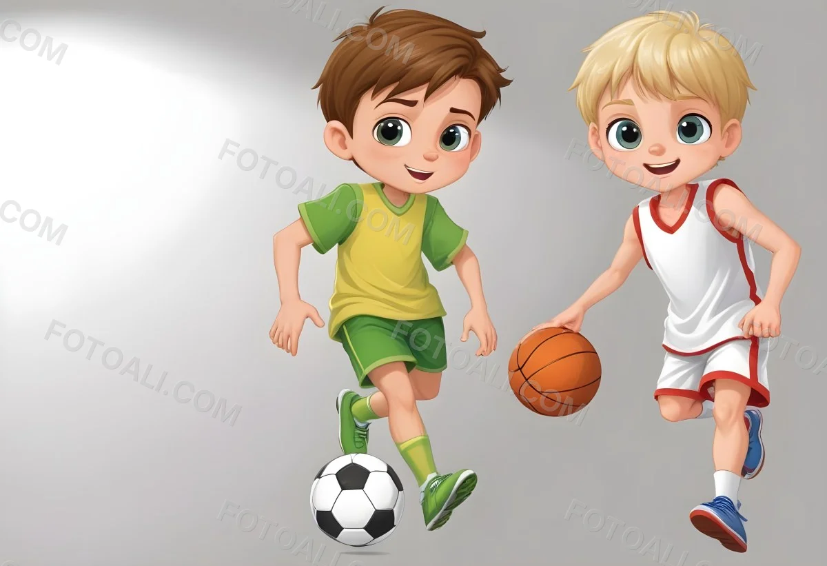 Two Young Cartoon Boys With One Having Brown Hair And The Other With Blonde Hair Playing With A Soccer Ball And Basketball In A Plain White Background 28 A354