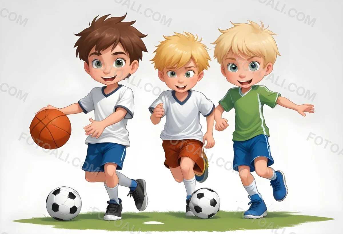 Two Young Cartoon Boys With One Having Brown Hair And The Other With Blonde Hair Playing With A Soccer Ball And Basketball In A Plain White Background 3 6734