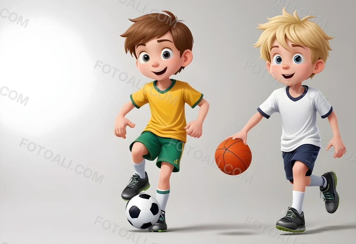 Two Young Cartoon Boys With One Having Brown Hair And The Other With Blonde Hair Playing With A Soccer Ball And Basketball In A Plain White Background 33 Baee
