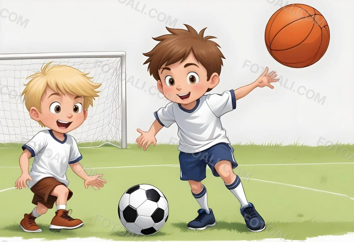 Two Young Cartoon Boys With One Having Brown Hair And The Other With Blonde Hair Playing With A Soccer Ball And Basketball In A Plain White Background 35 C233