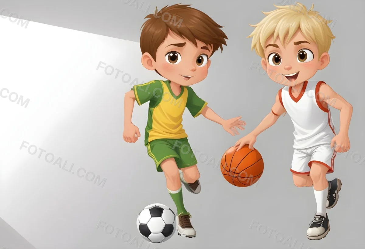 Two Young Cartoon Boys With One Having Brown Hair And The Other With Blonde Hair Playing With A Soccer Ball And Basketball In A Plain White Background 37 118a
