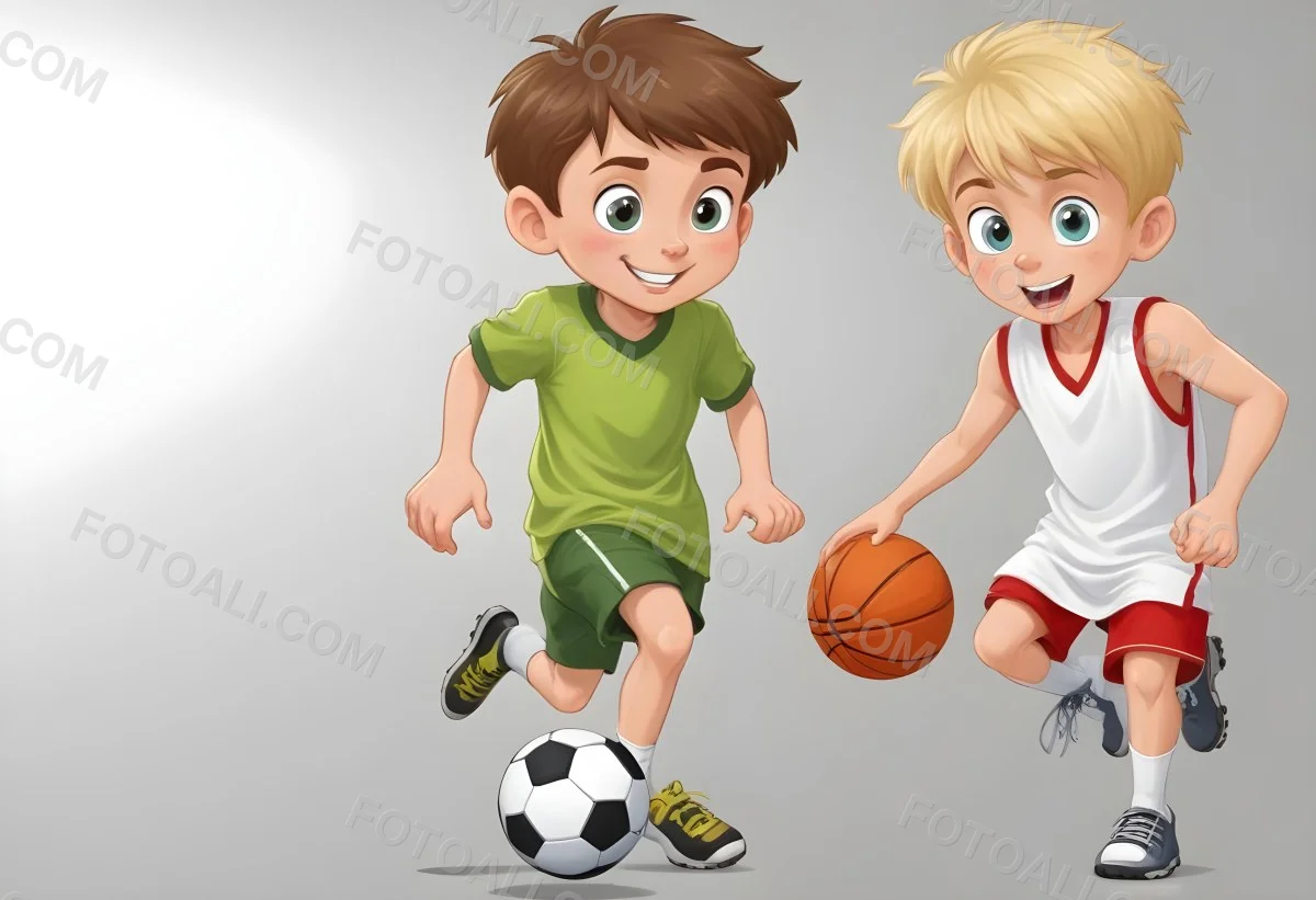 Two Young Cartoon Boys With One Having Brown Hair And The Other With Blonde Hair Playing With A Soccer Ball And Basketball In A Plain White Background 38 Badb