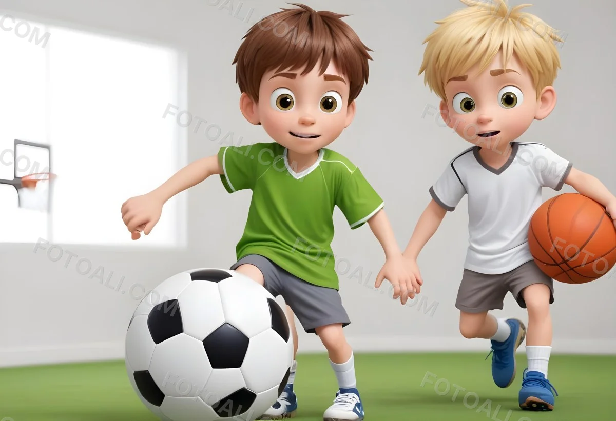 Two Young Cartoon Boys With One Having Brown Hair And The Other With Blonde Hair Playing With A Soccer Ball And Basketball In A Plain White Background 39 34b0