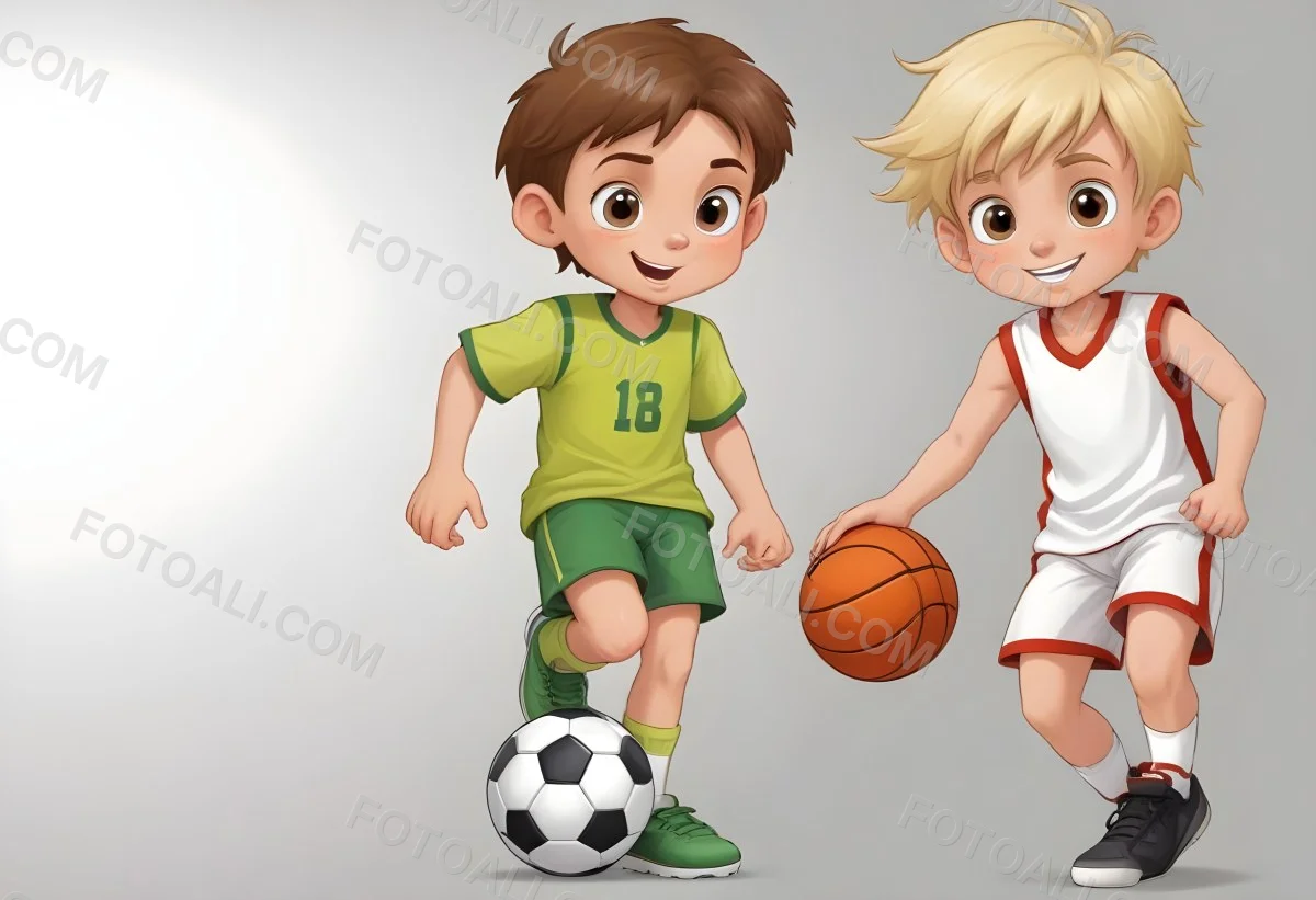 Two Young Cartoon Boys With One Having Brown Hair And The Other With Blonde Hair Playing With A Soccer Ball And Basketball In A Plain White Background 4 Fda0