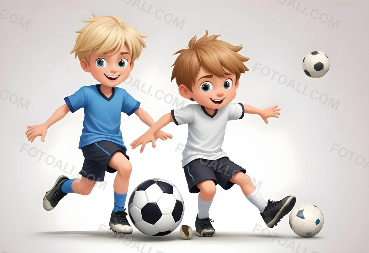 Two Young Cartoon Boys With One Having Brown Hair And The Other With Blonde Hair Playing With A Soccer Ball And Basketball In A Plain White Background 40 1a24