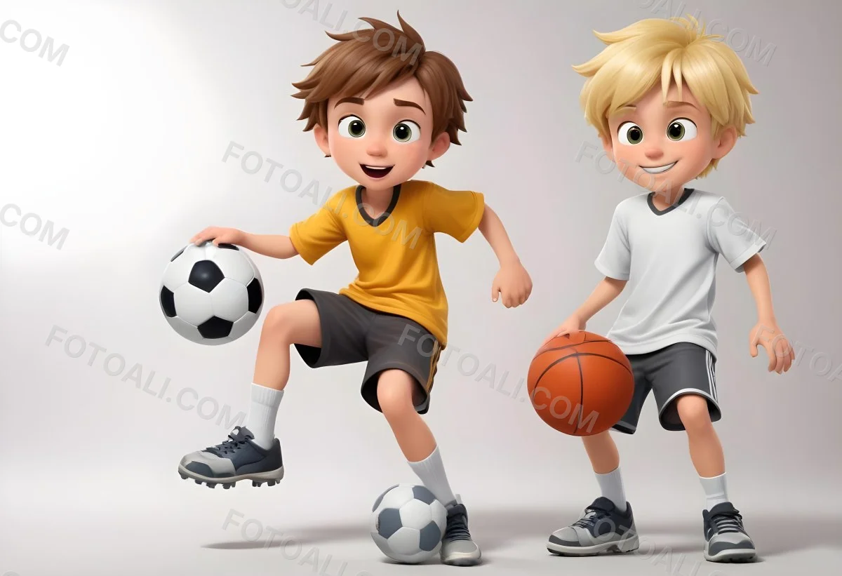 Two Young Cartoon Boys With One Having Brown Hair And The Other With Blonde Hair Playing With A Soccer Ball And Basketball In A Plain White Background 42 C067